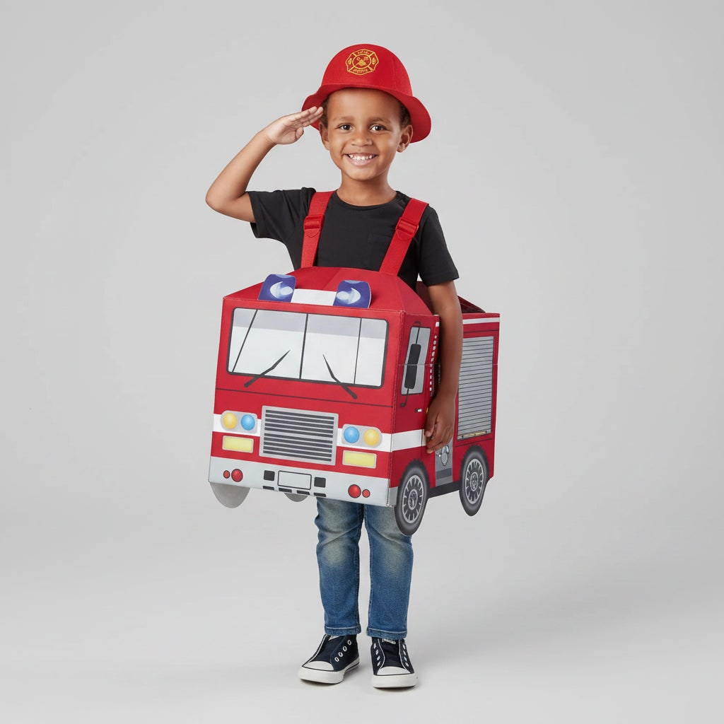 Boys' Halloween Firefighter Costume Outfit with Fire Truck Design and Reflective Safety Stripes - Image 3