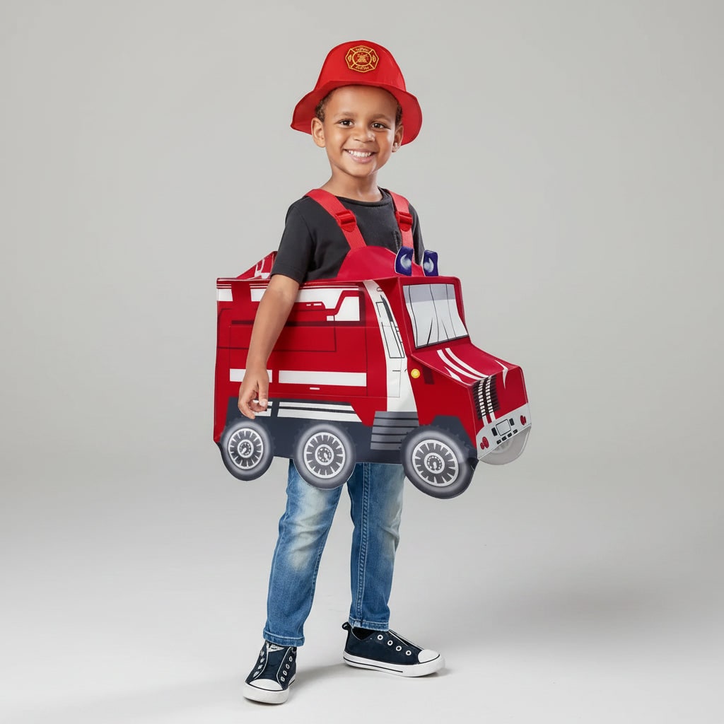 Boys' Halloween Firefighter Costume Outfit with Fire Truck Design and Reflective Safety Stripes - Image 4