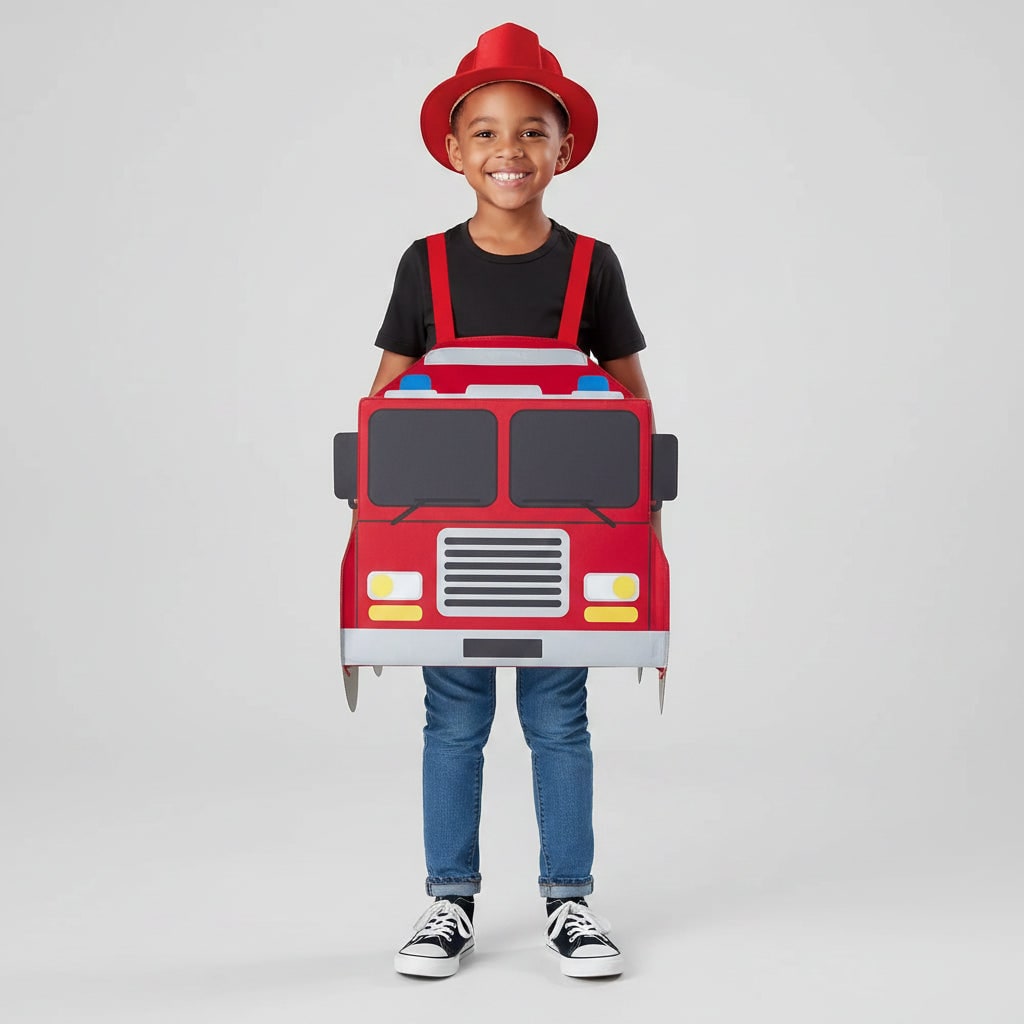 Boys' Halloween Firefighter Costume Outfit with Fire Truck Design and Reflective Safety Stripes - Image 6