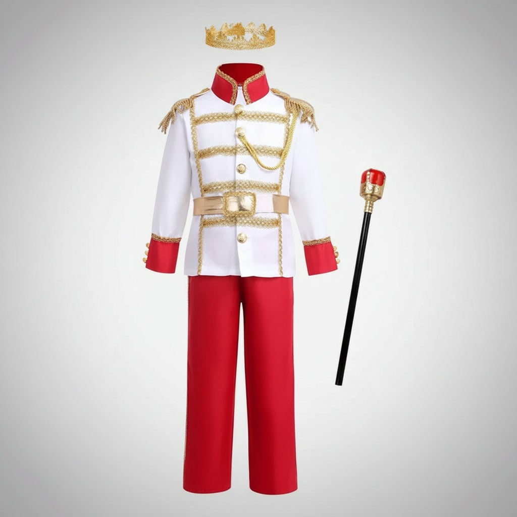 Boys' Halloween Prince Costume with Crown Scepter Cape and Gold Trim for Dress Up Party - Image 1