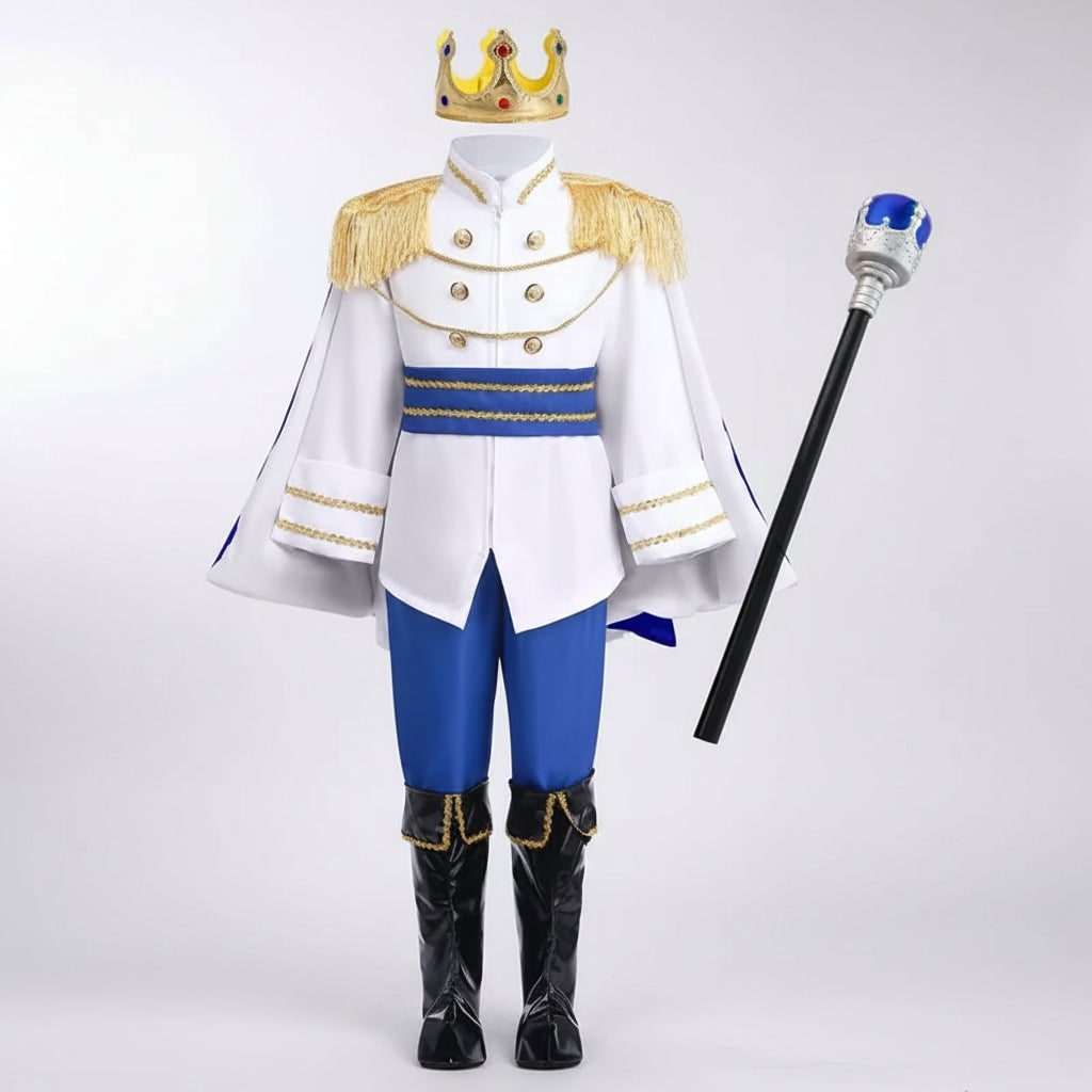 Boys' Halloween Prince Costume with Crown Scepter Cape and Gold Trim for Dress Up Party - Image 3