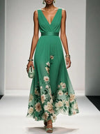 Women's Floral Flowing Formal Occasion Dress with V-Neck