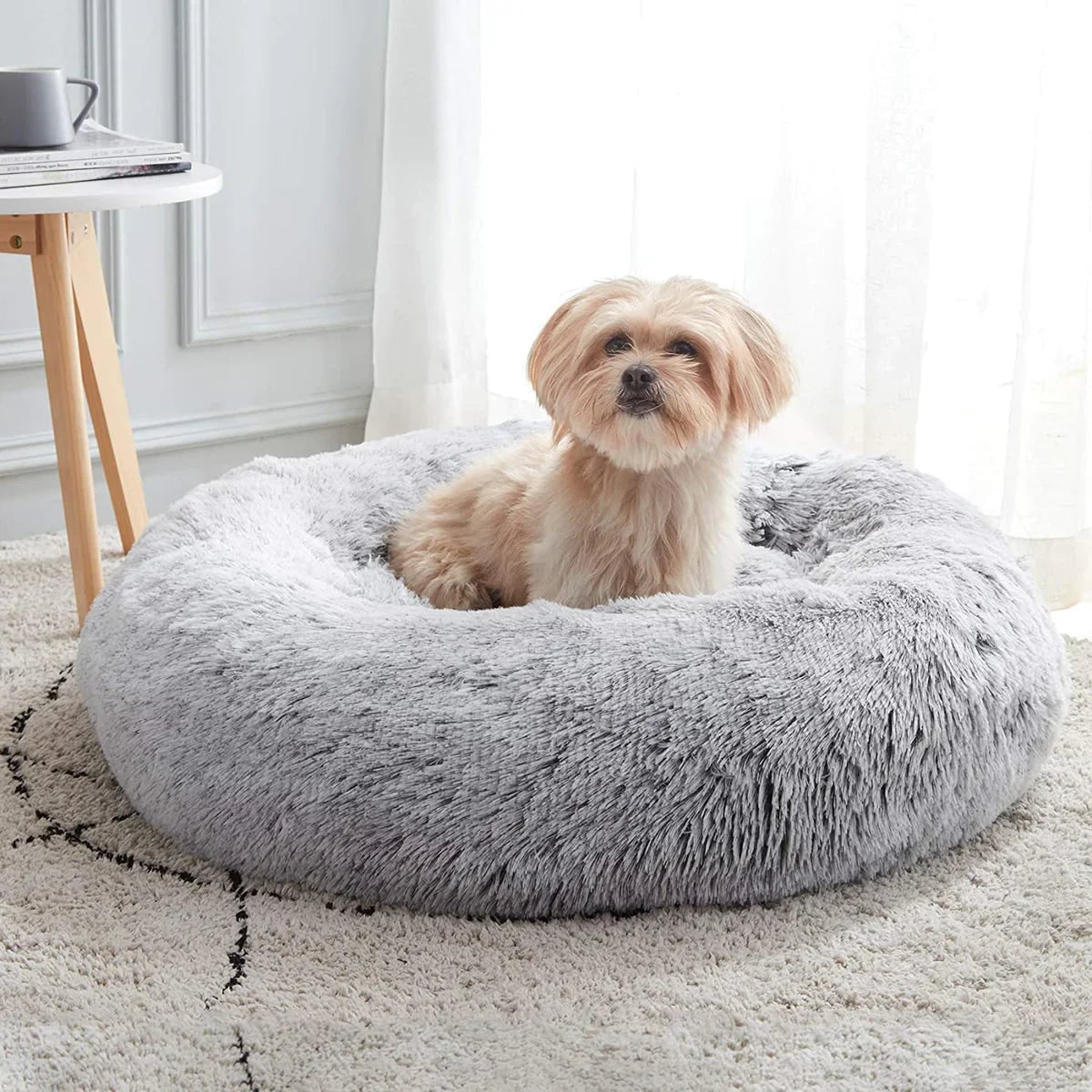 Calming Plush Donut Dog Bed with Raised Rim and Sunken Center Cushion - Image 7