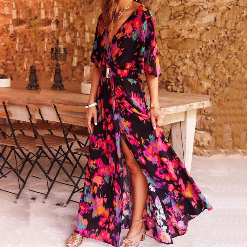 Camilla | Vestito Lungo Portafoglio Stampa Animalier Rosso