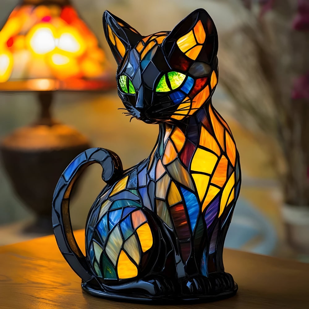 Cat Table Lamp Stained Glass with Color-Changing Glow and Bedside Accent Light - Image 1