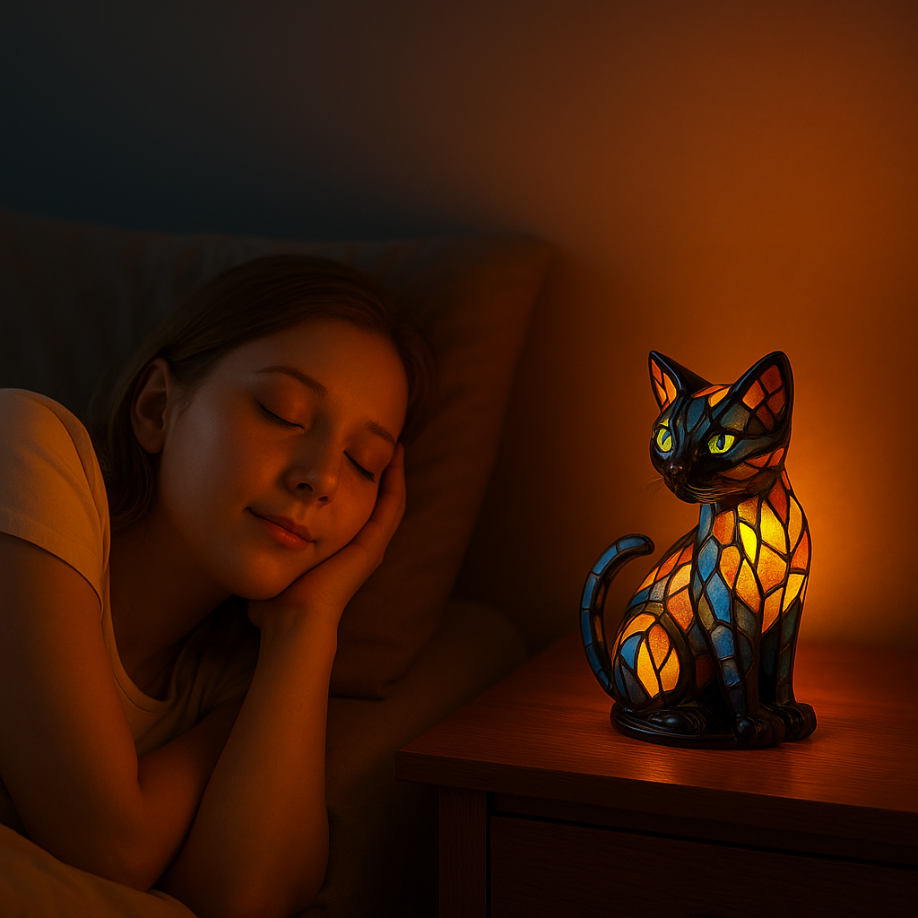 Cat Table Lamp Stained Glass with Color-Changing Glow and Bedside Accent Light - Image 2