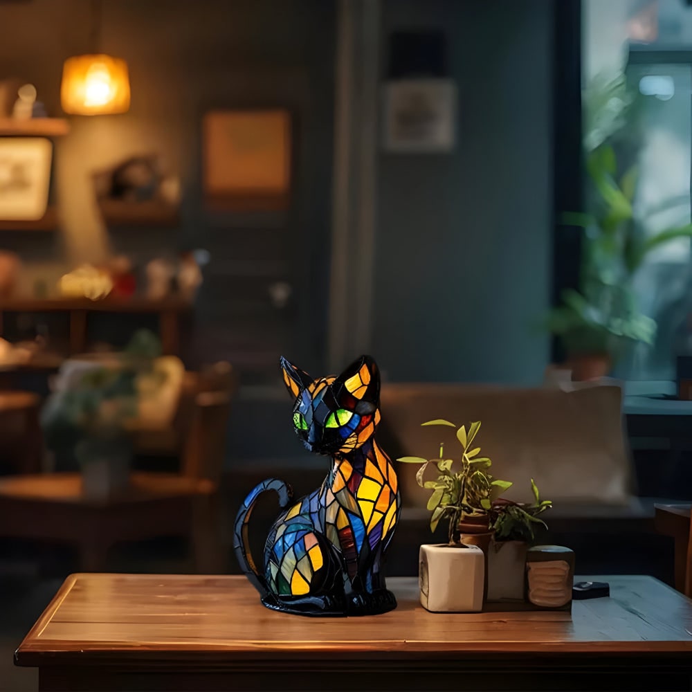Cat Table Lamp Stained Glass with Color-Changing Glow and Bedside Accent Light - Image 3