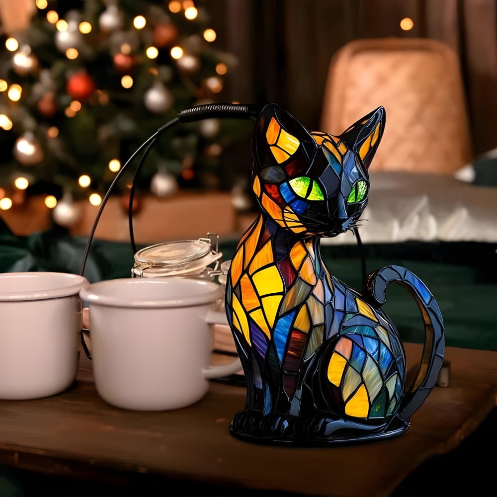 Cat Table Lamp Stained Glass with Color-Changing Glow and Bedside Accent Light - Image 4