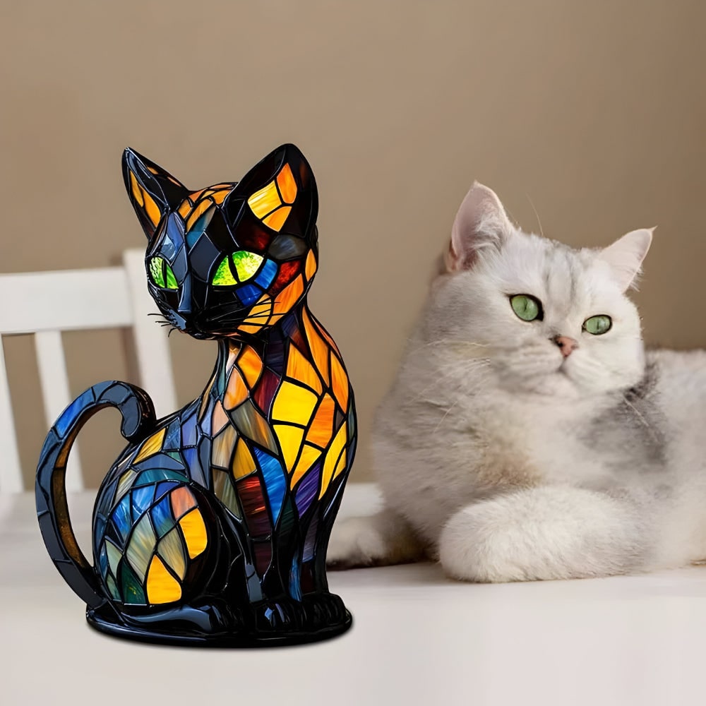 Cat Table Lamp Stained Glass with Color-Changing Glow and Bedside Accent Light - Image 6