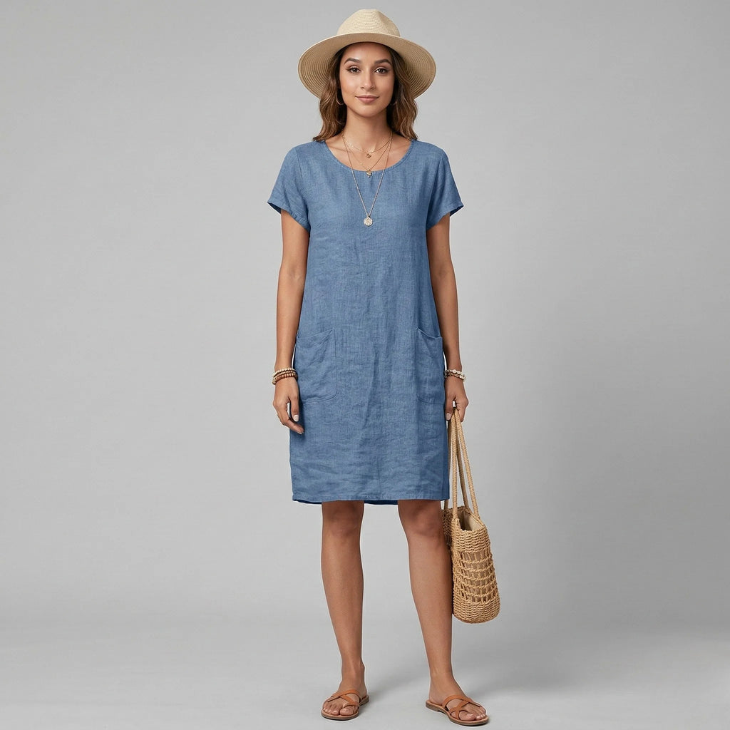 Caterina | Vestito Corto Maniche Corte Tasche Blu