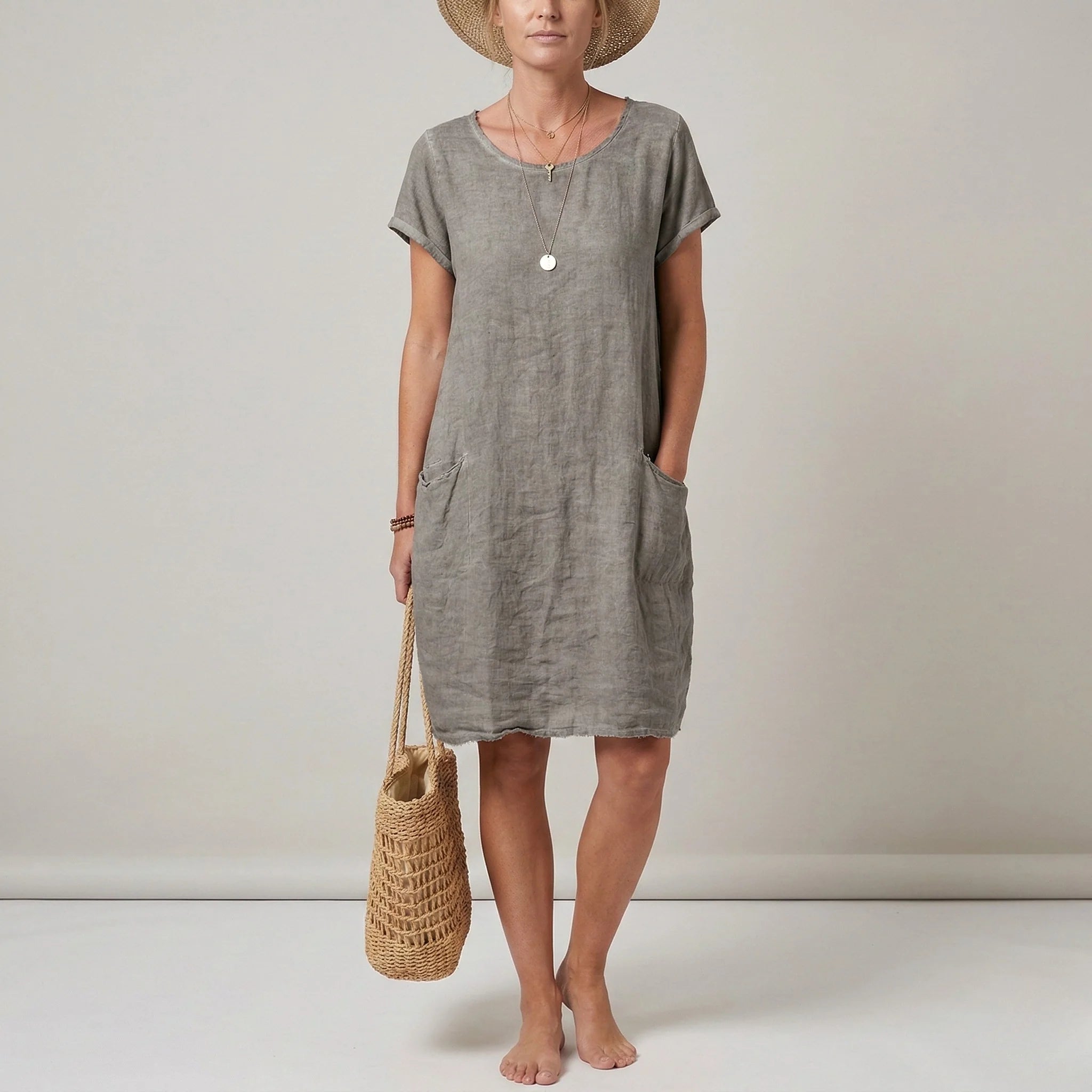 Caterina | Vestito Corto Maniche Corte Tasche Kaki