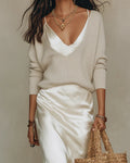 Cecilia | Maglione Donna Scollo V Maglia Coste Bianco