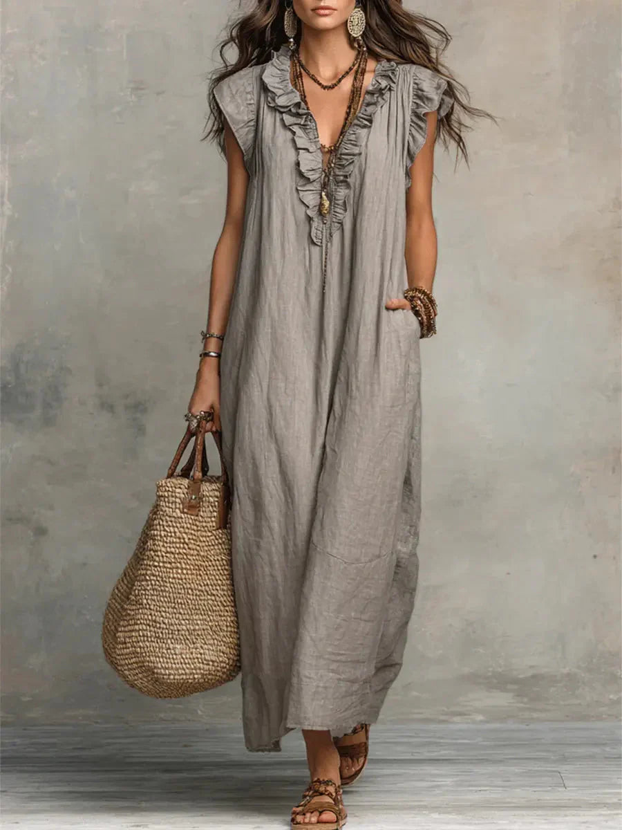 Cecilia | Vestito Lungo Volant Boho Grigio