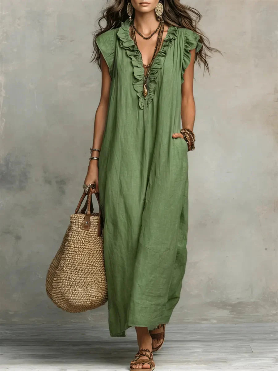 Cecilia | Vestito Lungo Volant Boho Verde