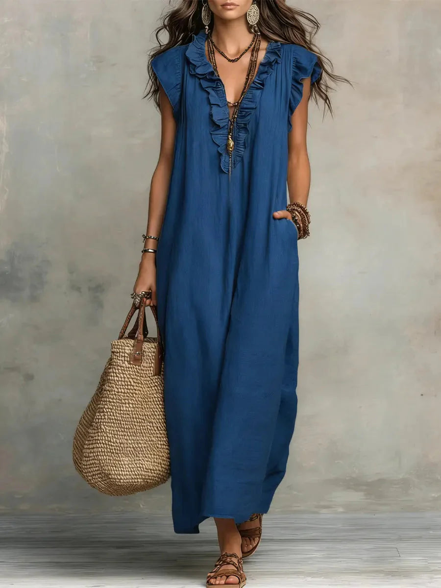 Cecilia | Vestito Lungo Volant Boho Blu