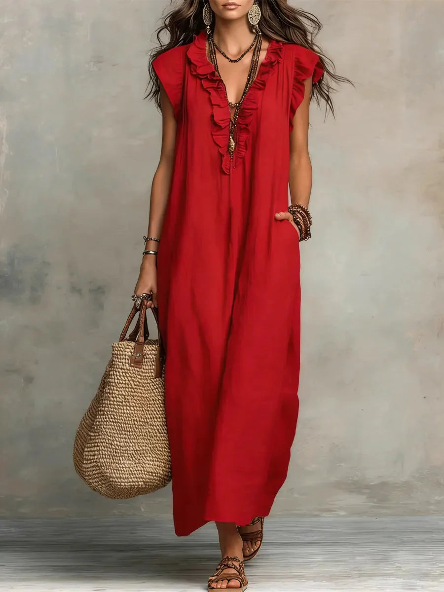Cecilia | Vestito Lungo Volant Boho Rosso