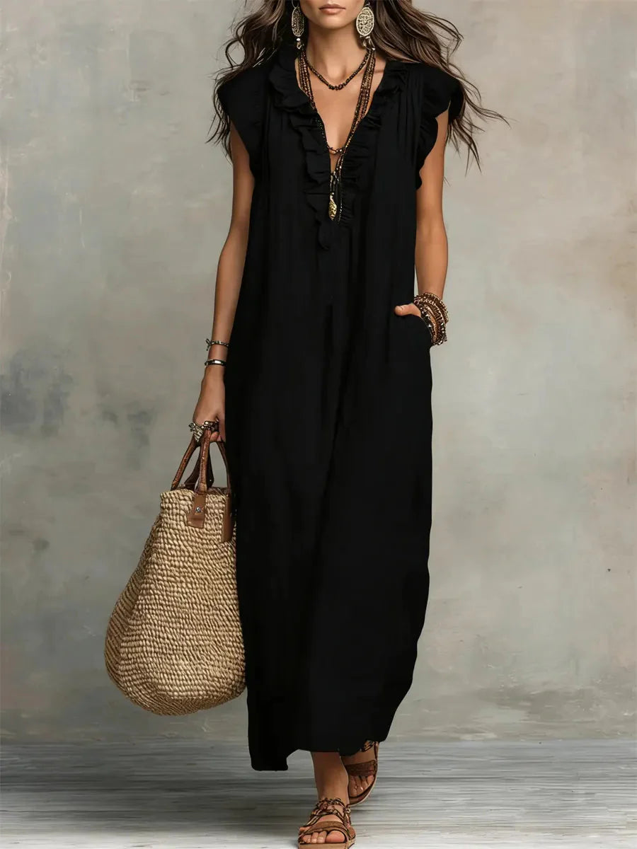 Cecilia | Vestito Lungo Volant Boho Nero