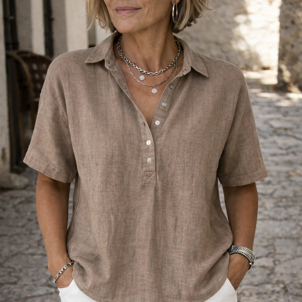Chiara | Camicia Donna Lino Maniche Corte Cachi