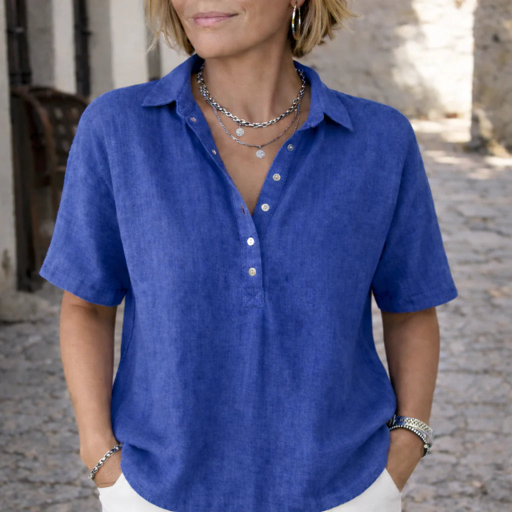 Chiara | Camicia Donna Lino Maniche Corte Blu