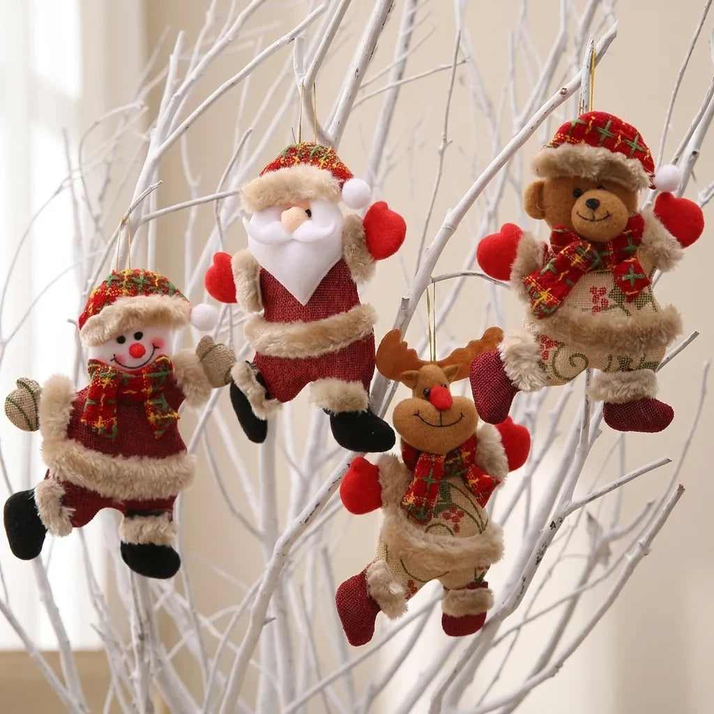 Christmas Decoration Ornaments Set of 4 Plush Figures with Faux Fur Trim and Plaid Scarves - Image 1