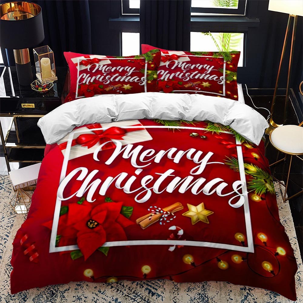 Christmas Duvet Cover Set with Poinsettia and String Lights Print Three-Piece Holiday Bedding - Image 4