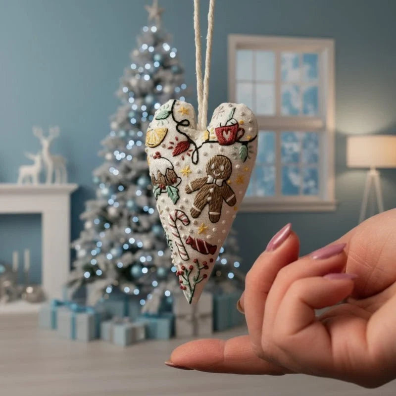 Christmas Embroidery Kit for Beginners with Heart-Shaped Ornament and Complete Supplies - Image 1