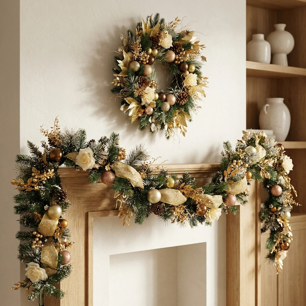 Christmas Garland for Mantle with Ornaments Artificial Decorated Pine and Roses - Image 1
