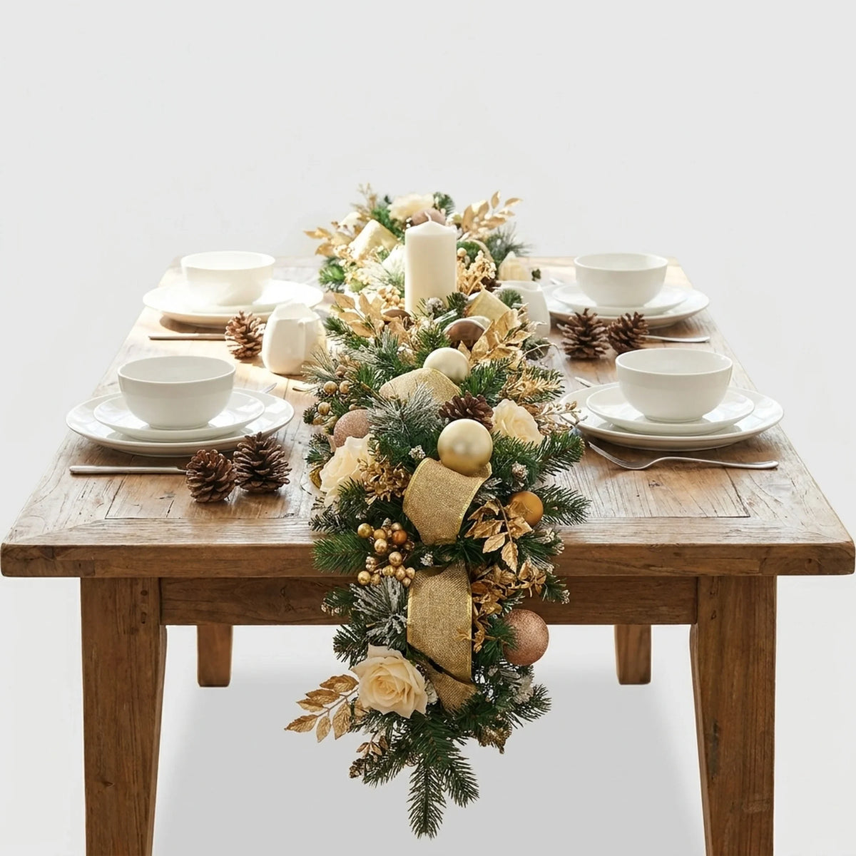 Christmas Garland for Mantle with Ornaments Artificial Decorated Pine and Roses - Image 3