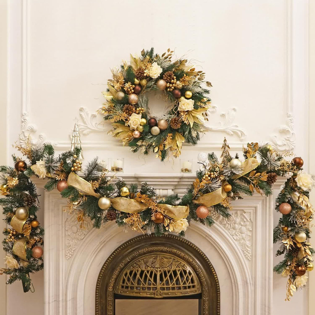 Christmas Garland for Mantle with Ornaments Artificial Decorated Pine and Roses - Image 4