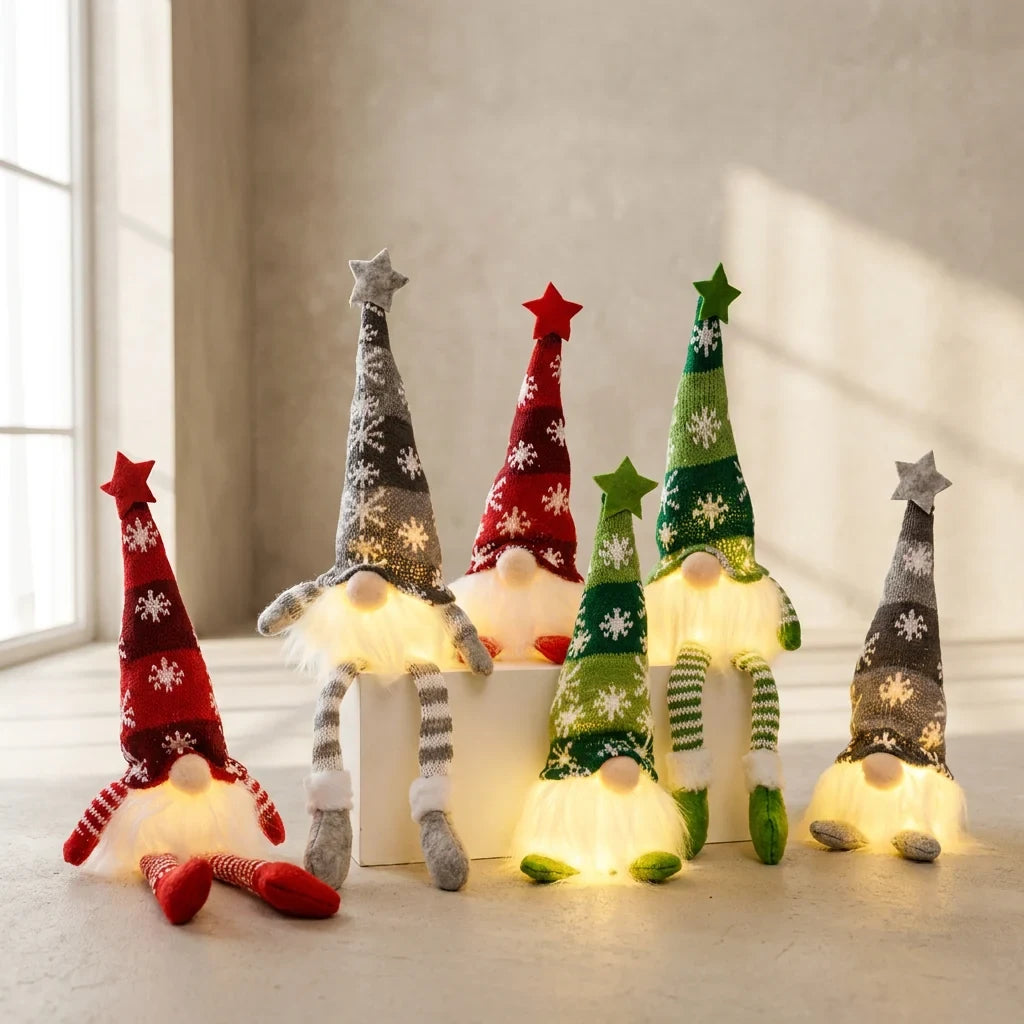 Christmas Gnome Light Up Plush Decoration with Snowflake Knit Hat and Warm LED Glow - Image 1