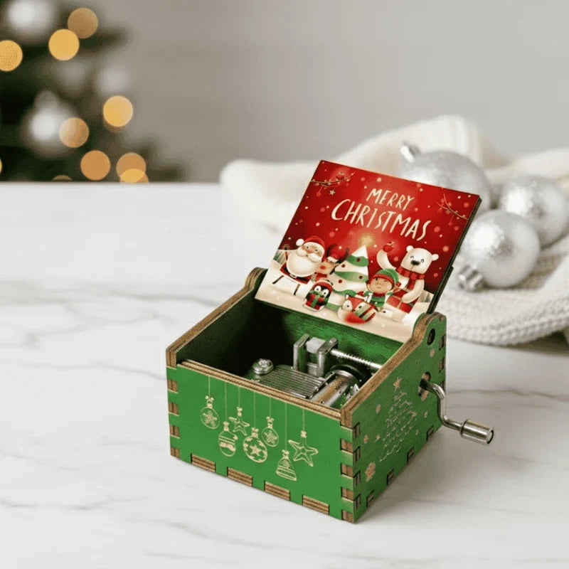 Christmas Music Box with Hand Crank Wooden Mechanical Vintage Design - Image 1