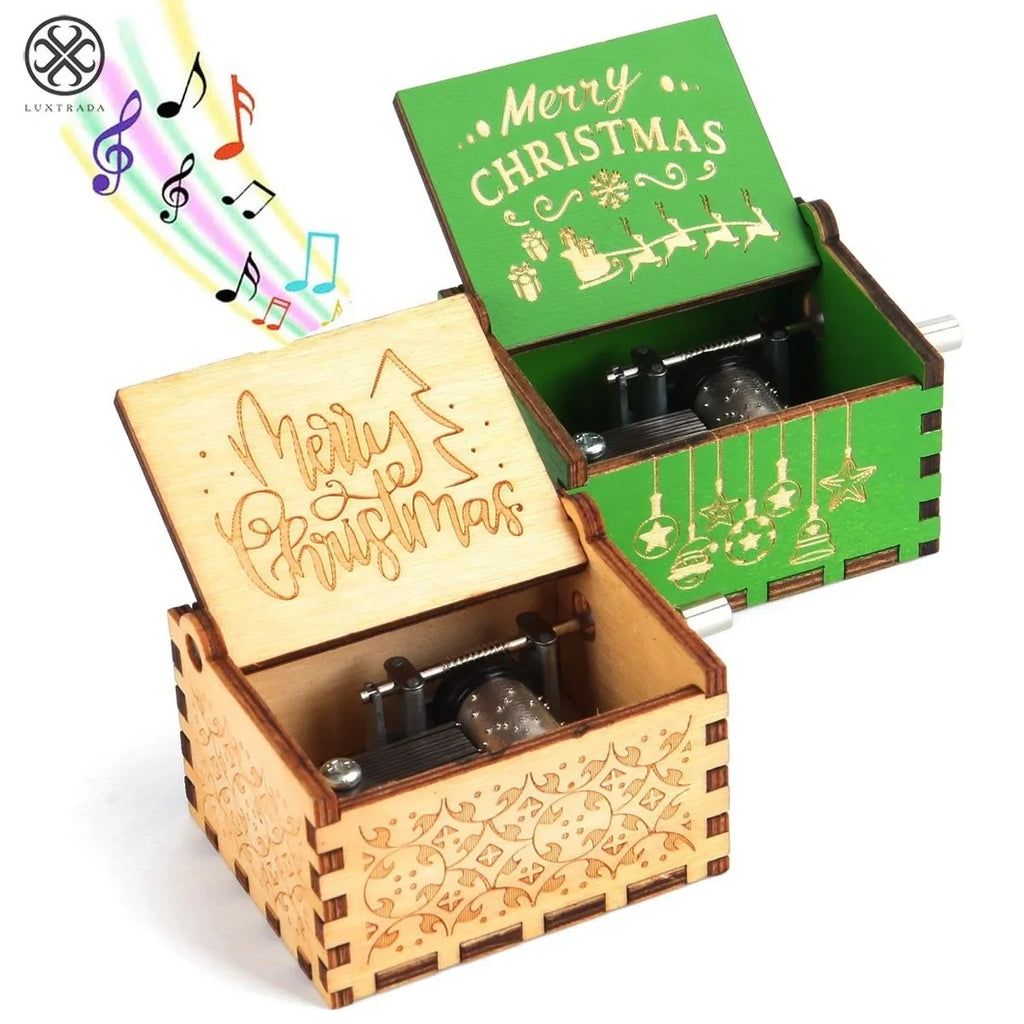 Christmas Music Box with Hand Crank Wooden Mechanical Vintage Design - Image 2