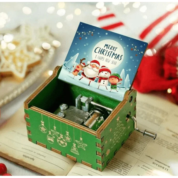 Christmas Music Box with Hand Crank Wooden Mechanical Vintage Design - Image 3