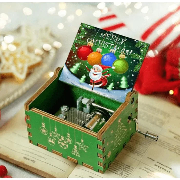 Christmas Music Box with Hand Crank Wooden Mechanical Vintage Design - Image 4