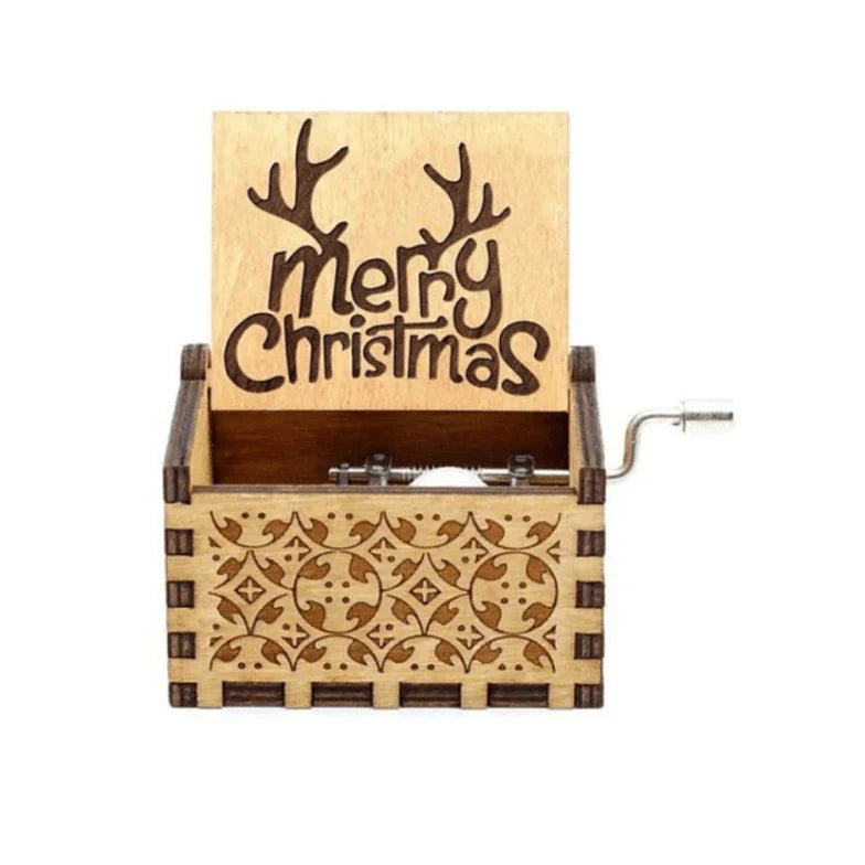 Christmas Music Box with Hand Crank Wooden Mechanical Vintage Design - Image 5
