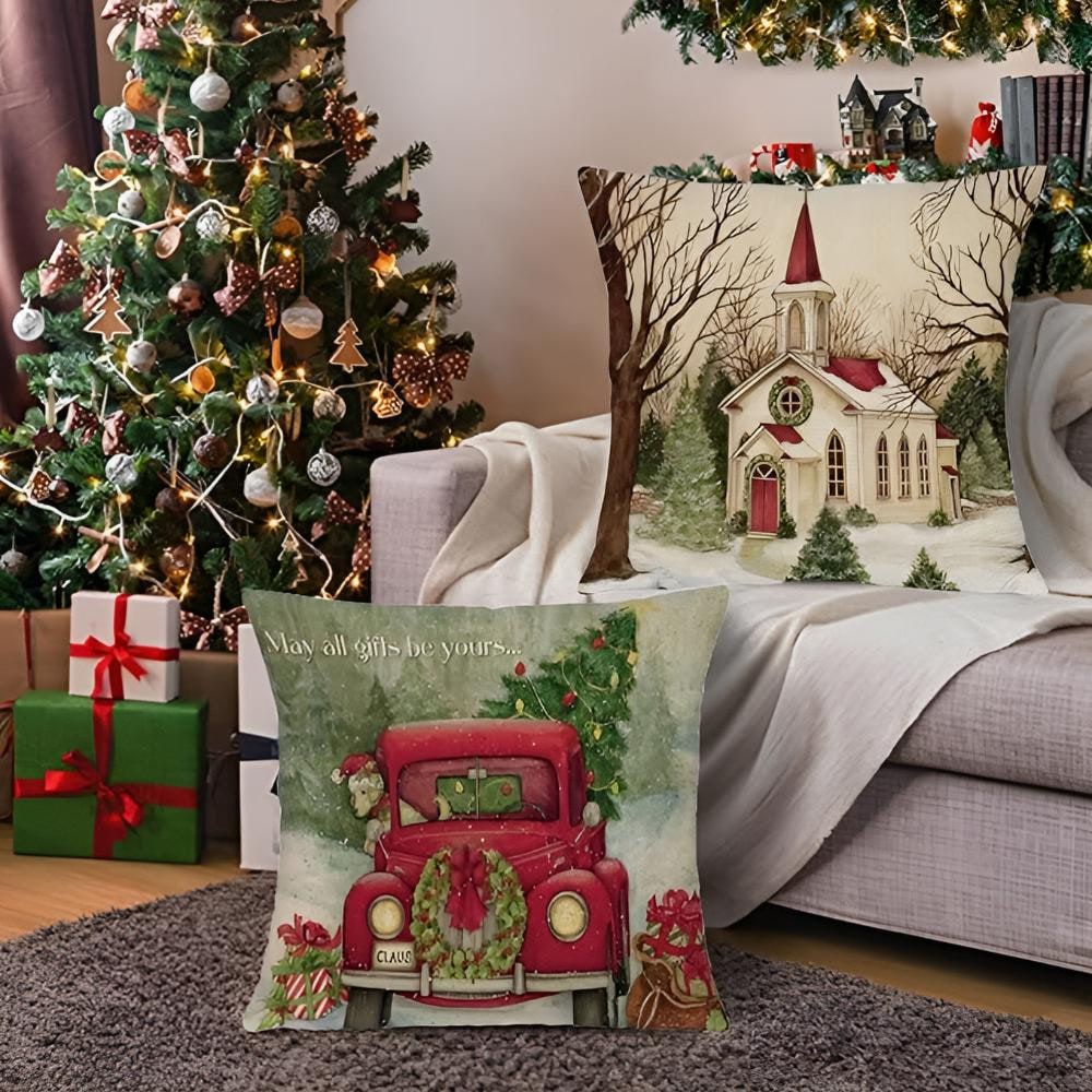 Christmas Pillow Cover with Polyester Linen Textured Weave and Hidden Zipper for Holiday Decor - Image 1