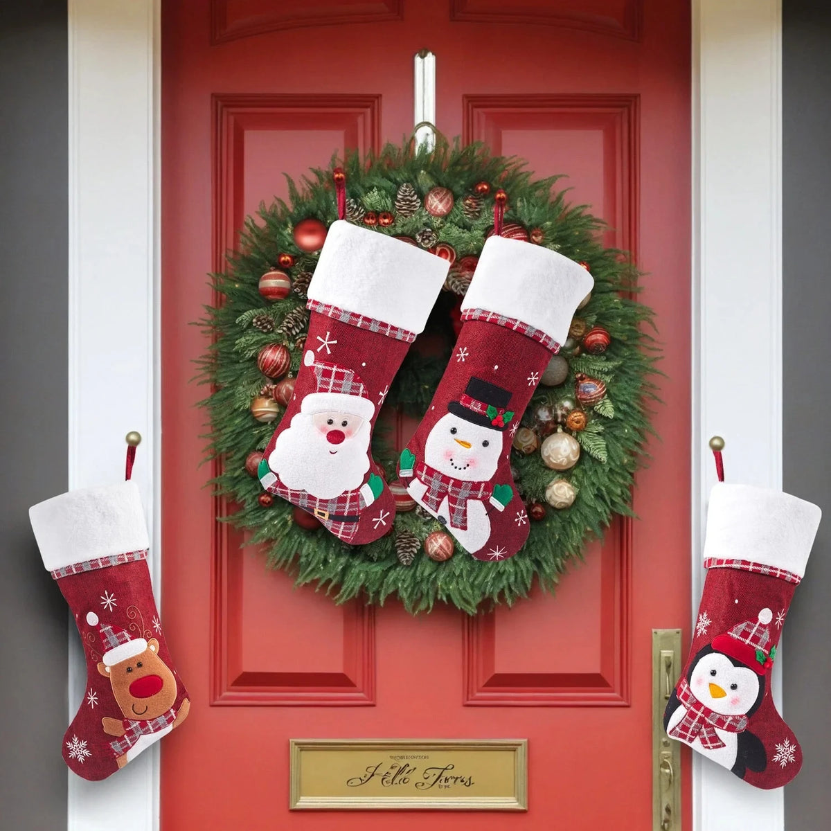Christmas Stockings with Embroidered Details and Plush Cuffs for Holiday Hanging Decoration - Image 5