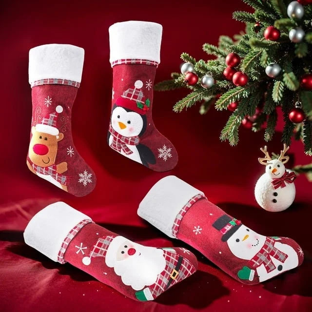 Christmas Stockings with Embroidered Details and Plush Cuffs for Holiday Hanging Decoration - Image 8