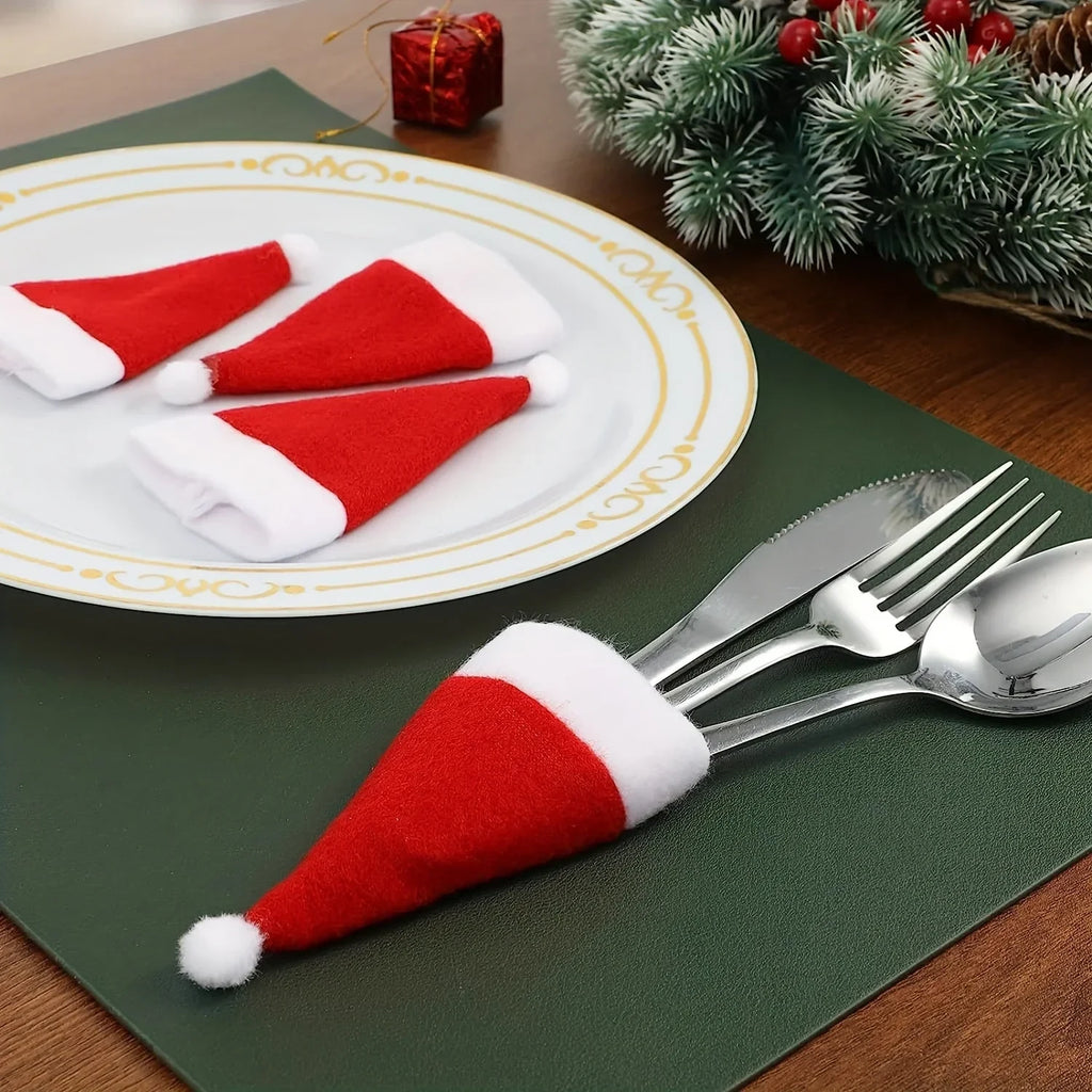 Christmas Table Decorations with Santa Hat Cutlery Holders and Bottle Toppers Set of 12 cm - Image 2
