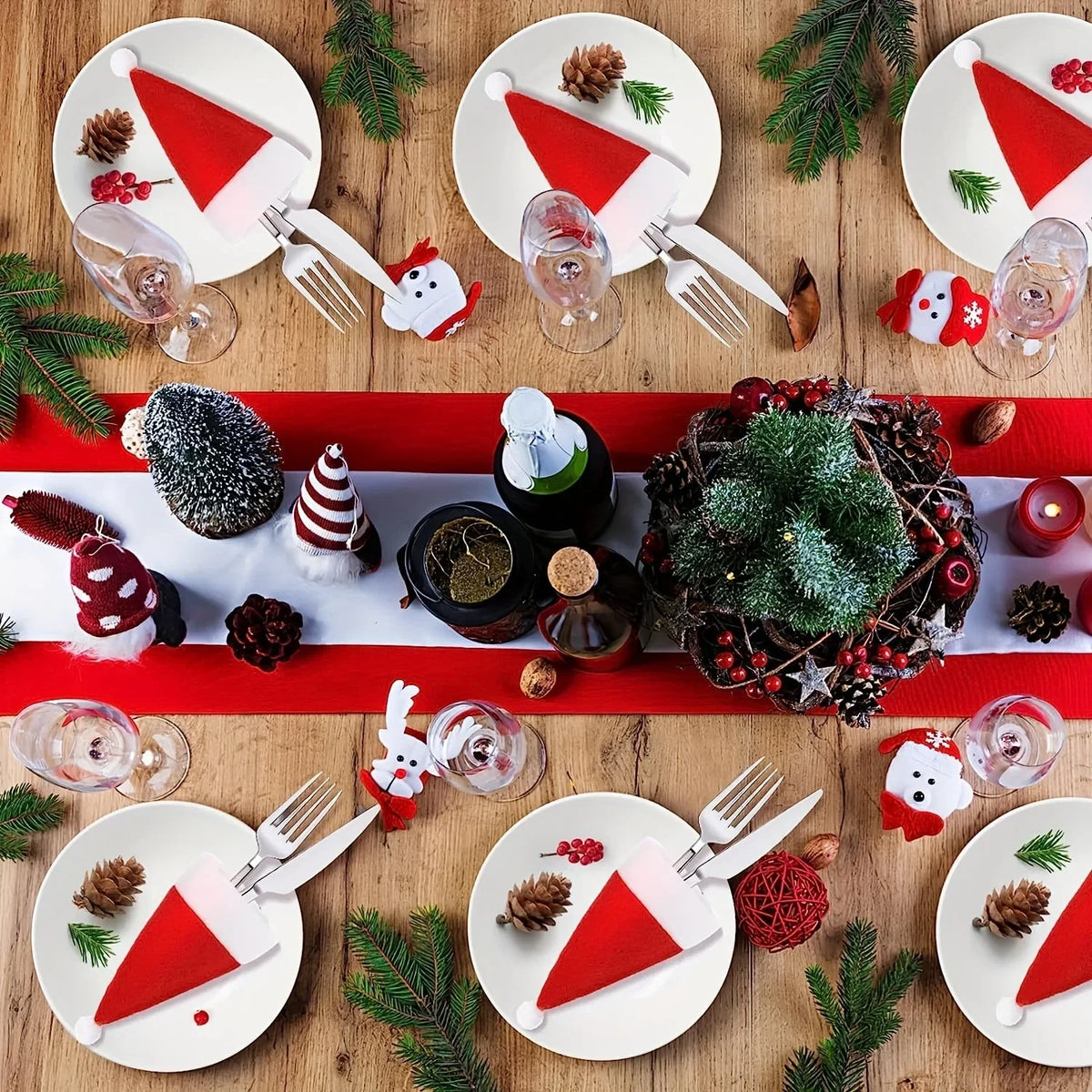 Christmas Table Decorations with Santa Hat Cutlery Holders and Bottle Toppers Set of 12 cm - Image 5