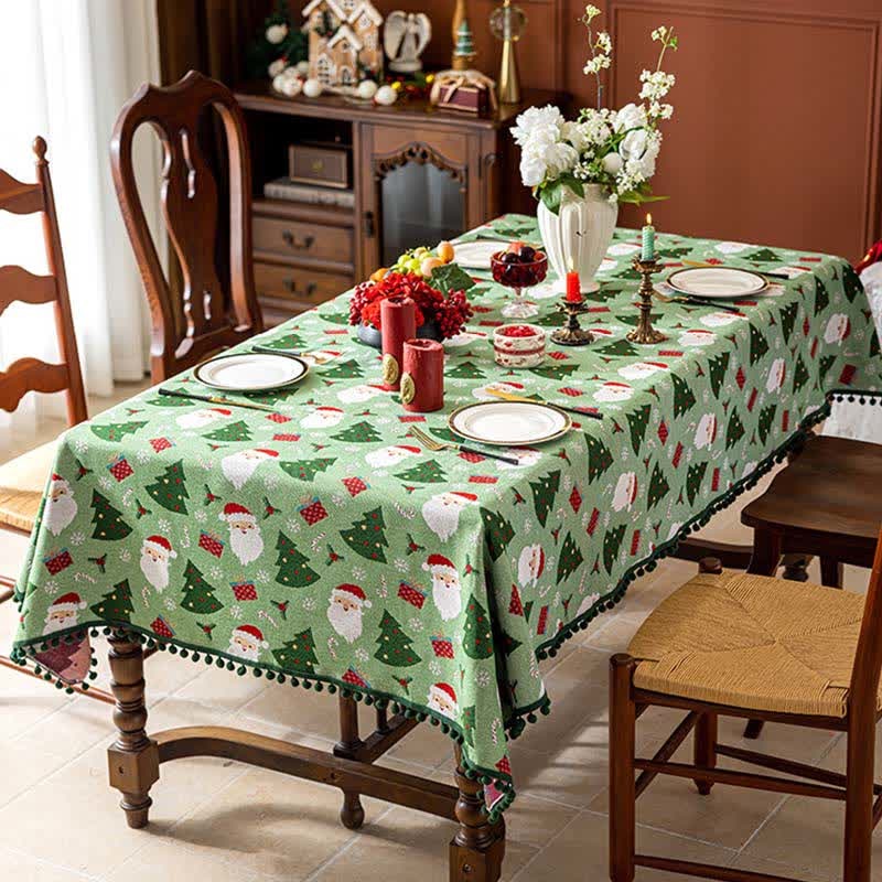 Christmas Tablecloth Rectangular Festive with Pom Trim and Santa Tree Gift Print - Image 1
