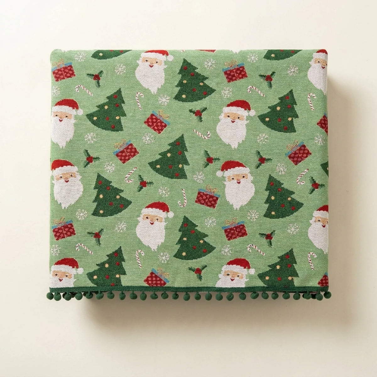Christmas Tablecloth Rectangular Festive with Pom Trim and Santa Tree Gift Print - Image 2