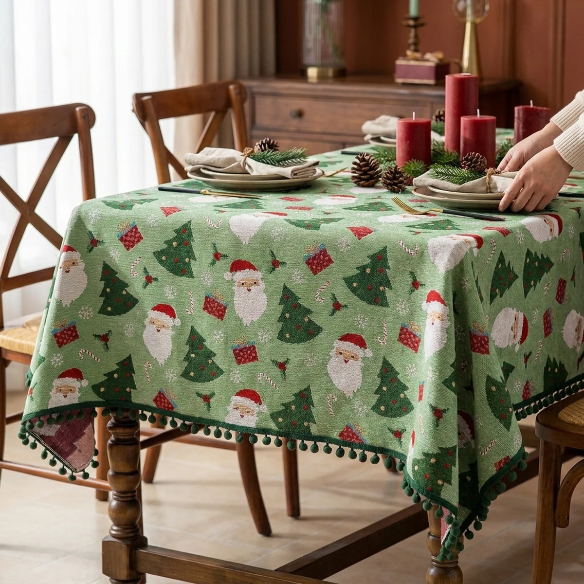 Christmas Tablecloth Rectangular Festive with Pom Trim and Santa Tree Gift Print - Image 3