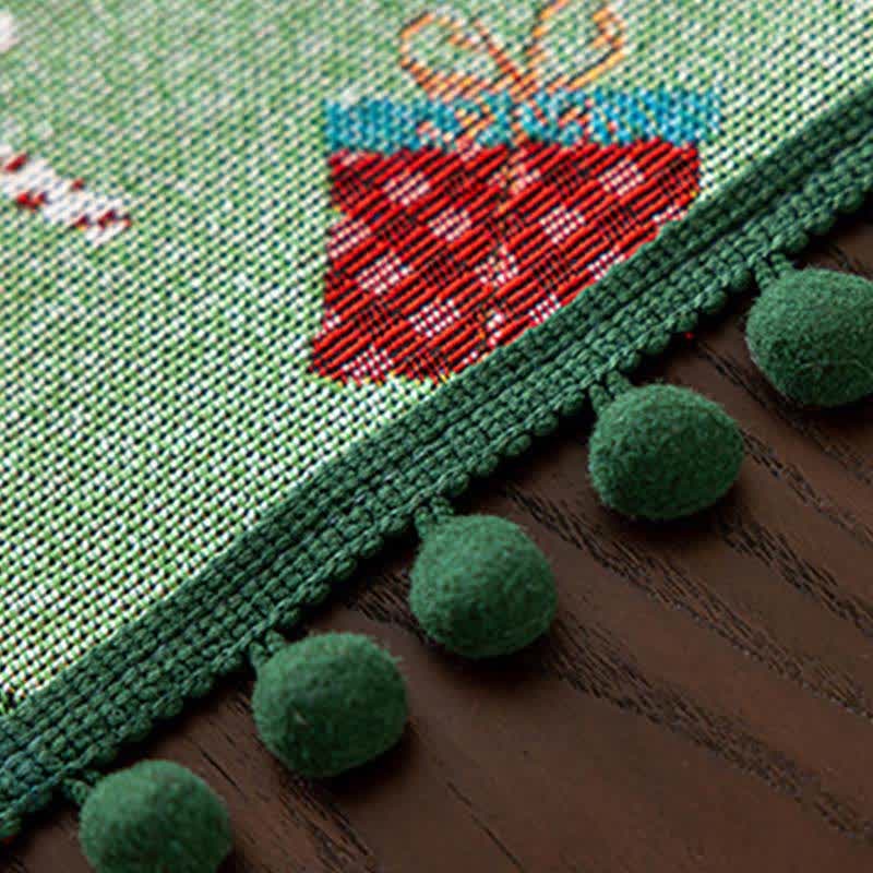 Christmas Tablecloth Rectangular Festive with Pom Trim and Santa Tree Gift Print - Image 6
