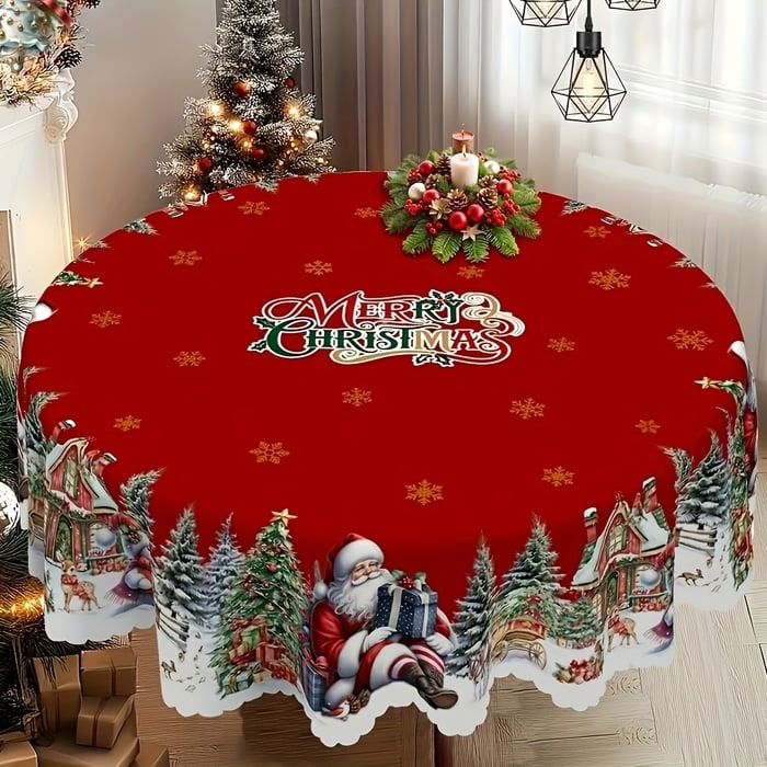 Christmas Tablecloth Round with Scalloped Edges and Festive Holiday Print - Image 1