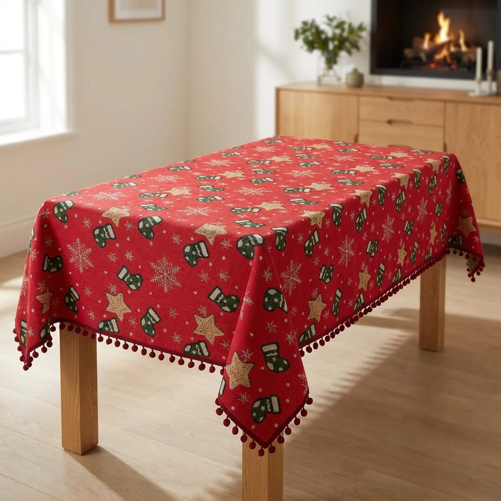 Christmas Tablecloth with Pom-Pom Fringe Snowflake and Festive Holiday Pattern - Image 1