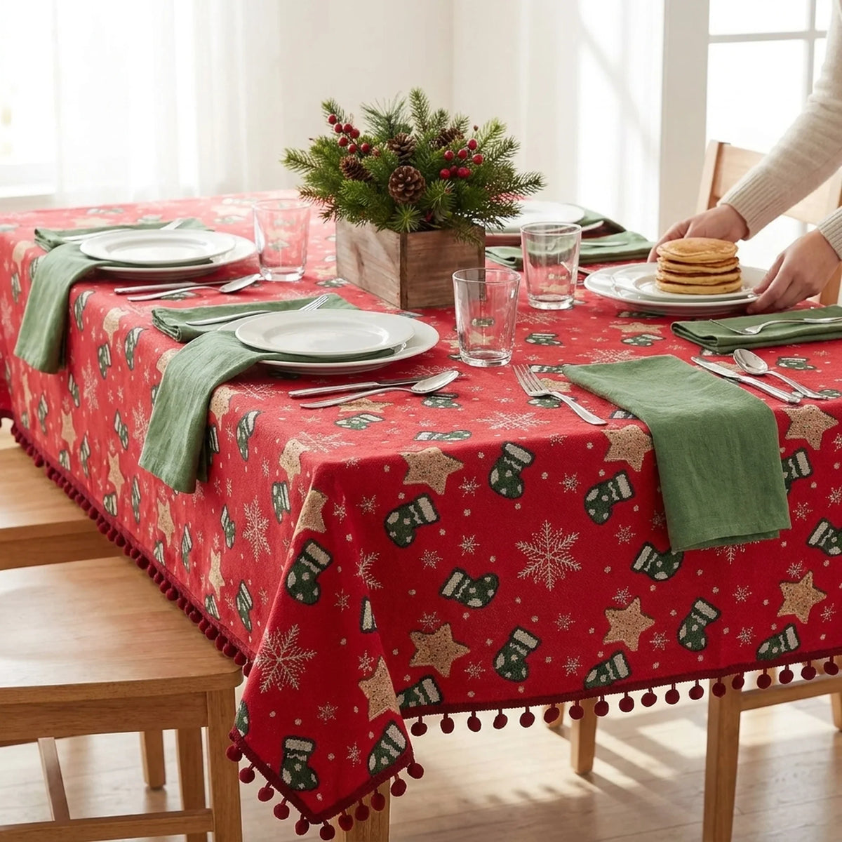 Christmas Tablecloth with Pom-Pom Fringe Snowflake and Festive Holiday Pattern - Image 2