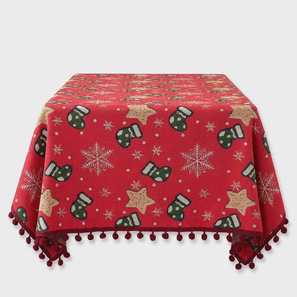 Christmas Tablecloth with Pom-Pom Fringe Snowflake and Festive Holiday Pattern - Image 3