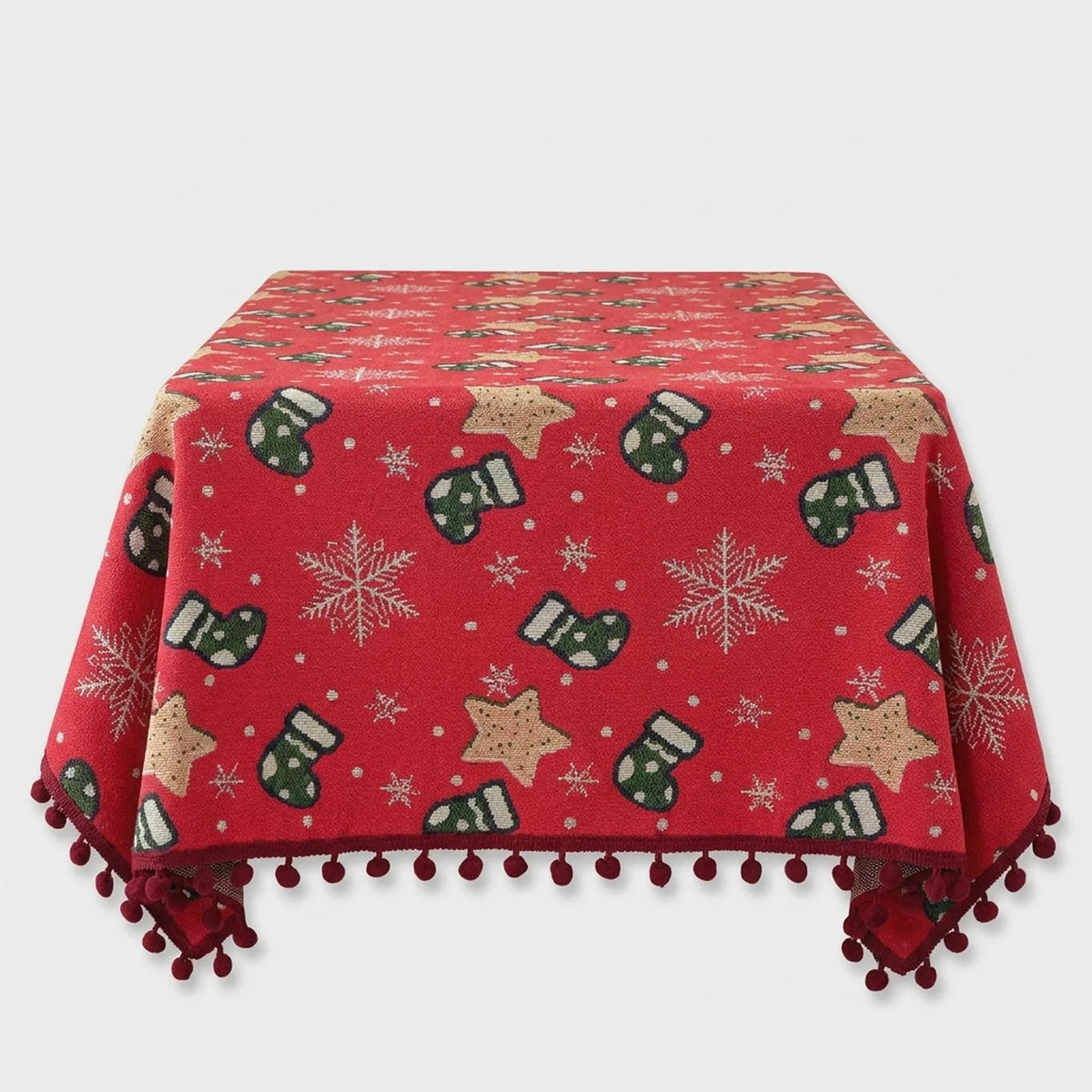 Christmas Tablecloth with Pom-Pom Fringe Snowflake and Festive Holiday Pattern - Image 3
