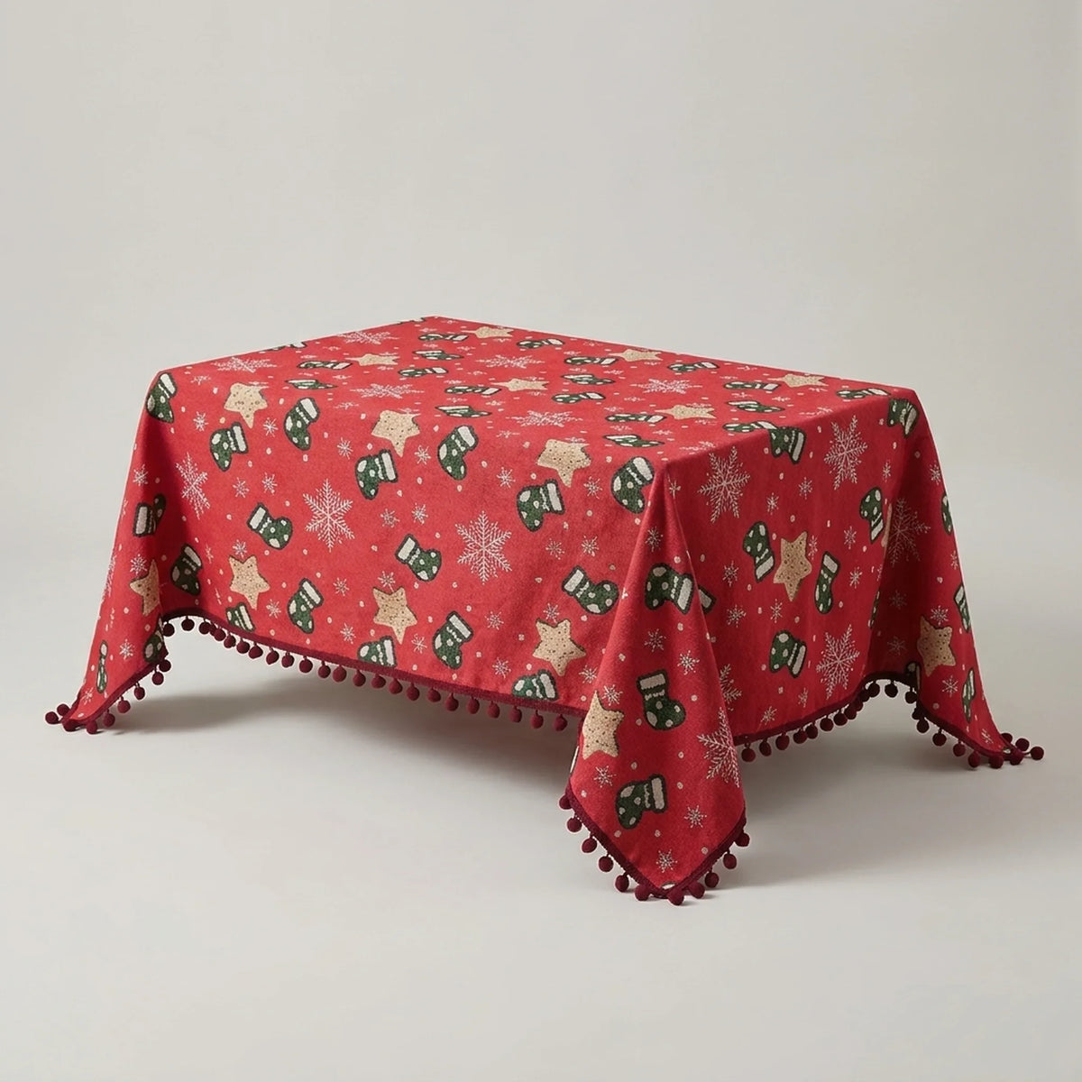 Christmas Tablecloth with Pom-Pom Fringe Snowflake and Festive Holiday Pattern - Image 4